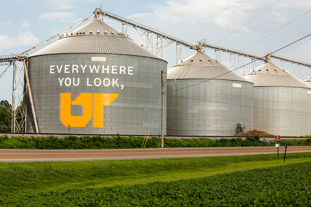 Grain bin silos with everywhere you look UT written on them